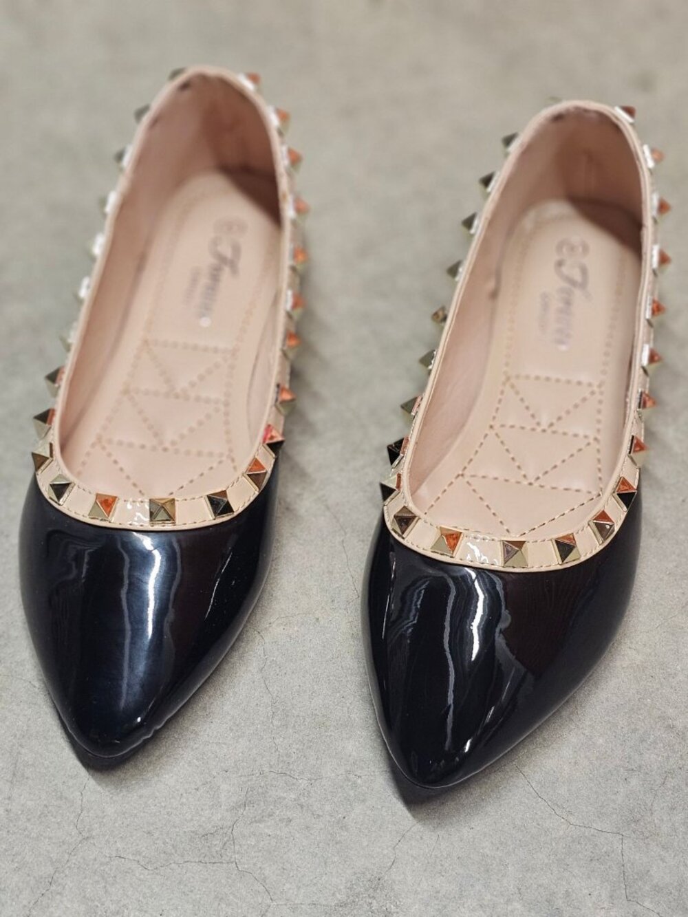 Black Patent Pointed Toe Flats With Gold Studded Trim - Picture 7 of 10